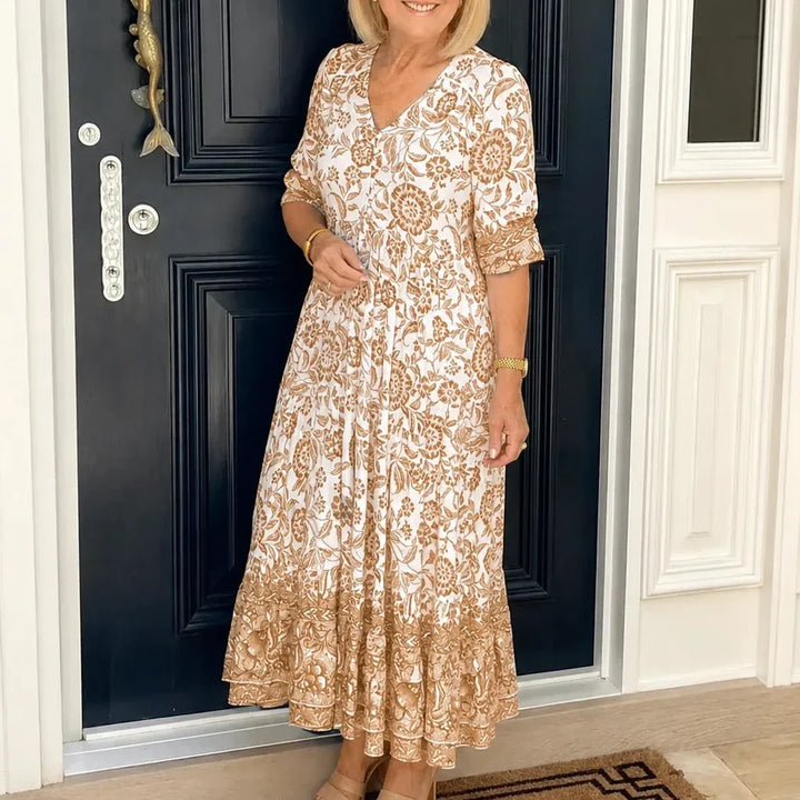 Florenza – Boho Klänning Midi z Urringning w V-ringning i Warstwowym Dołem