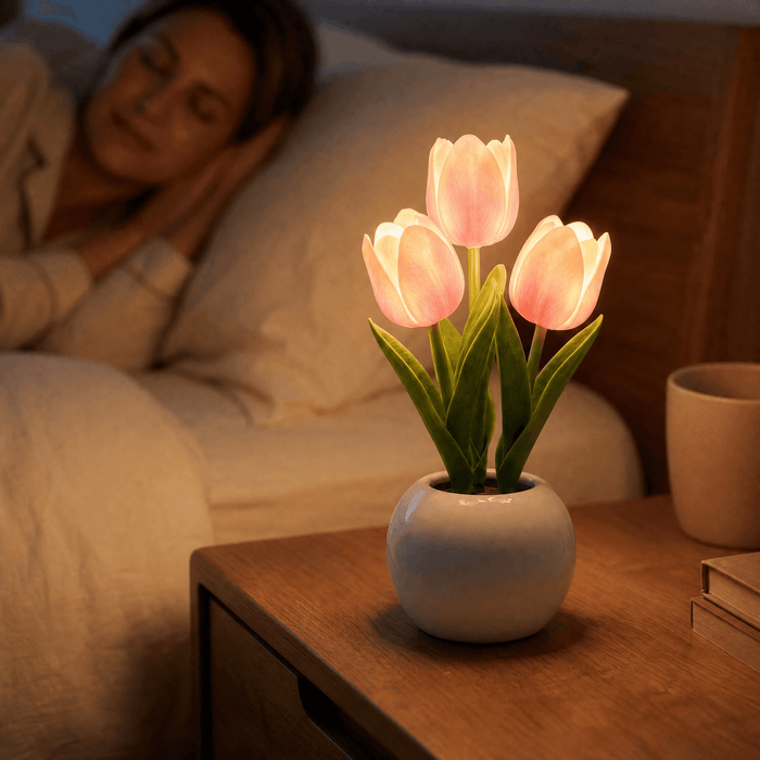 Bloomora – Lampa LED i form av tulipana z ceramiczną wazonem