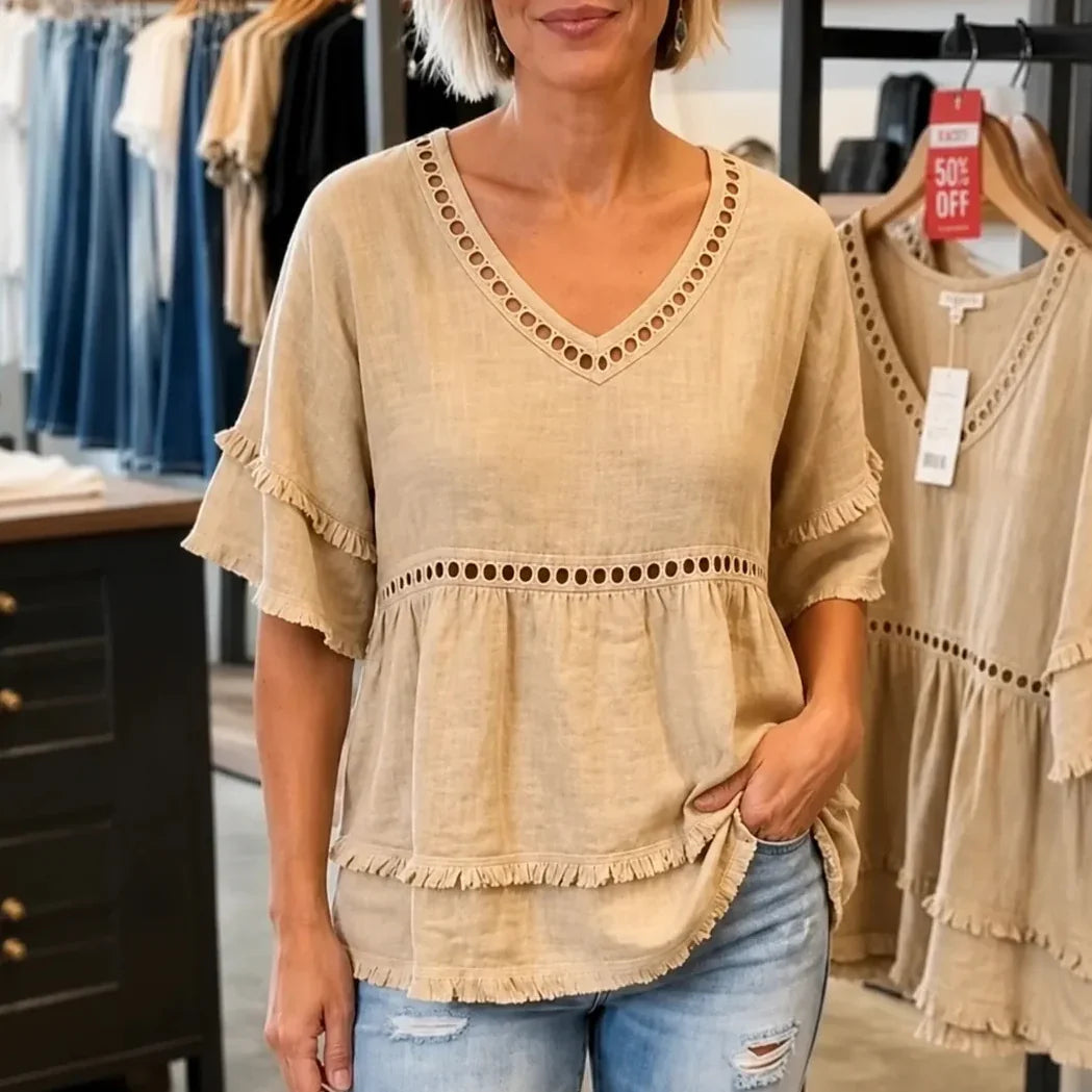 Solavie – Boho Tunika z Urringning w V-ringning i Frędzlami för kvinnor
