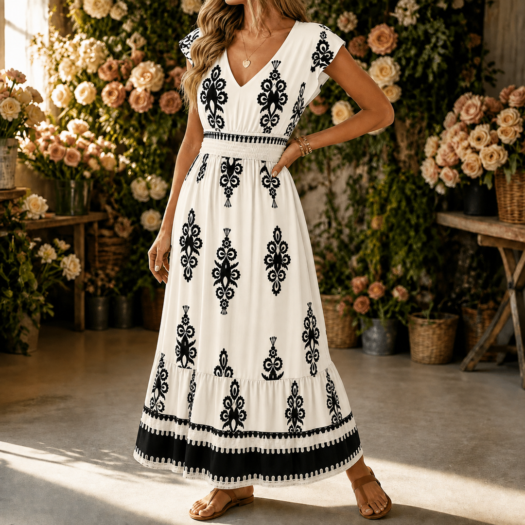 Osyrel – Midi klänning dam w deseń damask z urringning w v-ringning