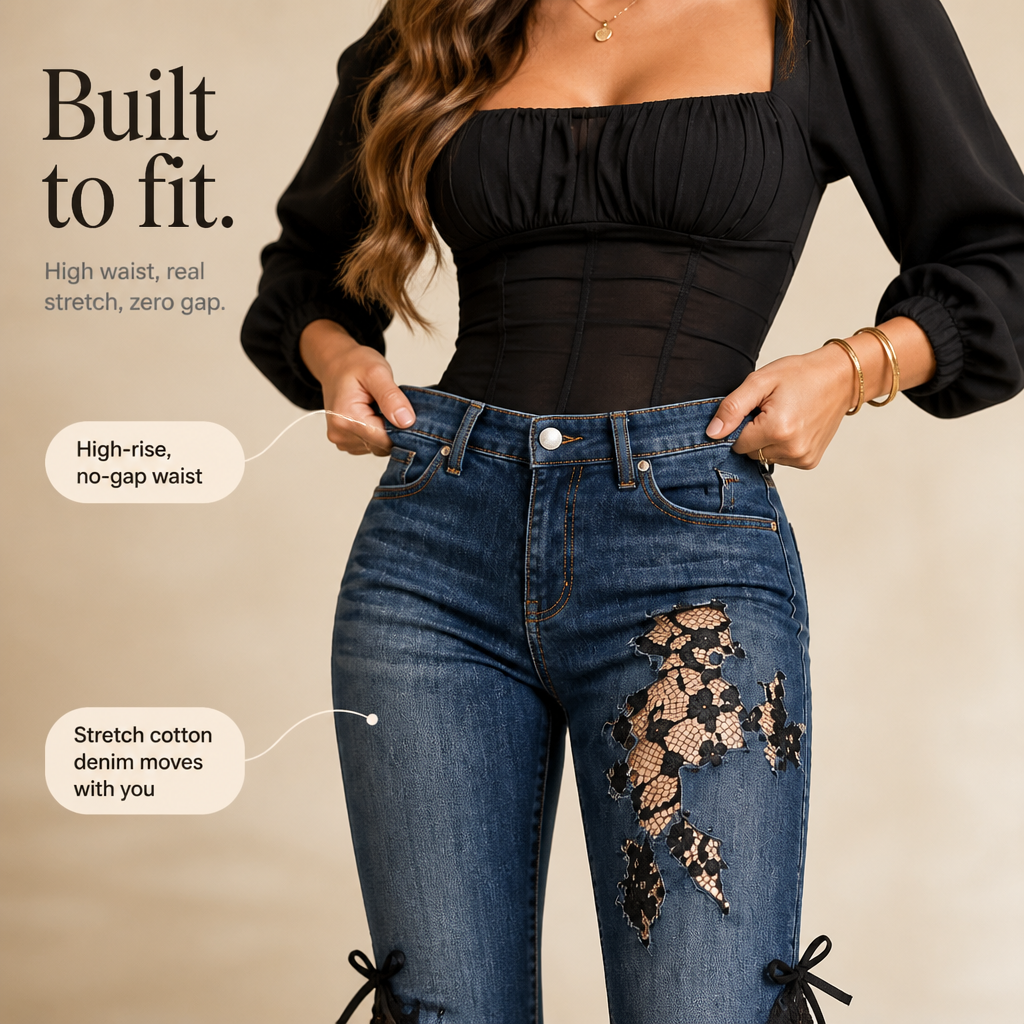 Laceflare – Czarne jeans z koronkowymi wstawkami