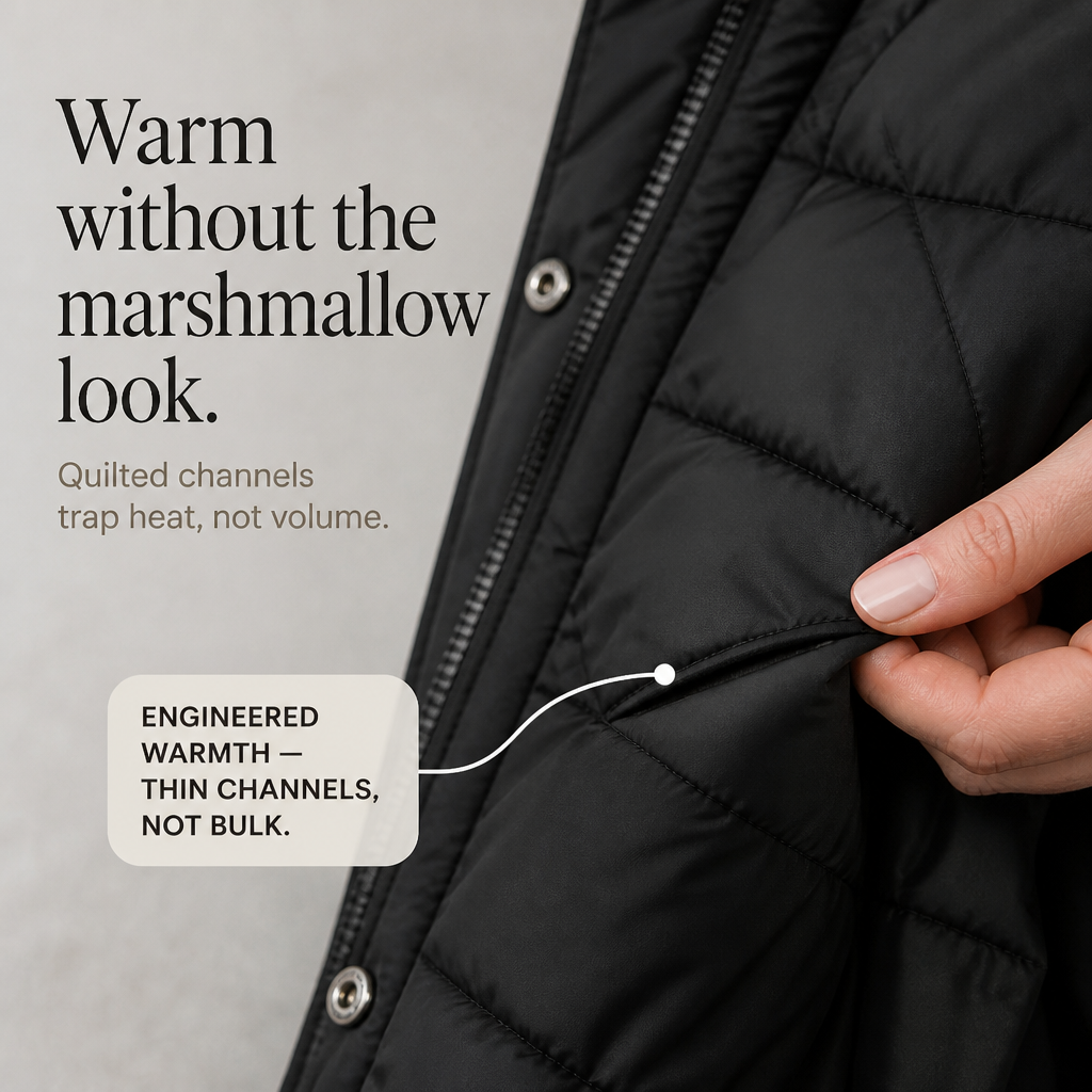 Chevronwarm – Lång Puchowy Kappa z Futrzanym Kapturem