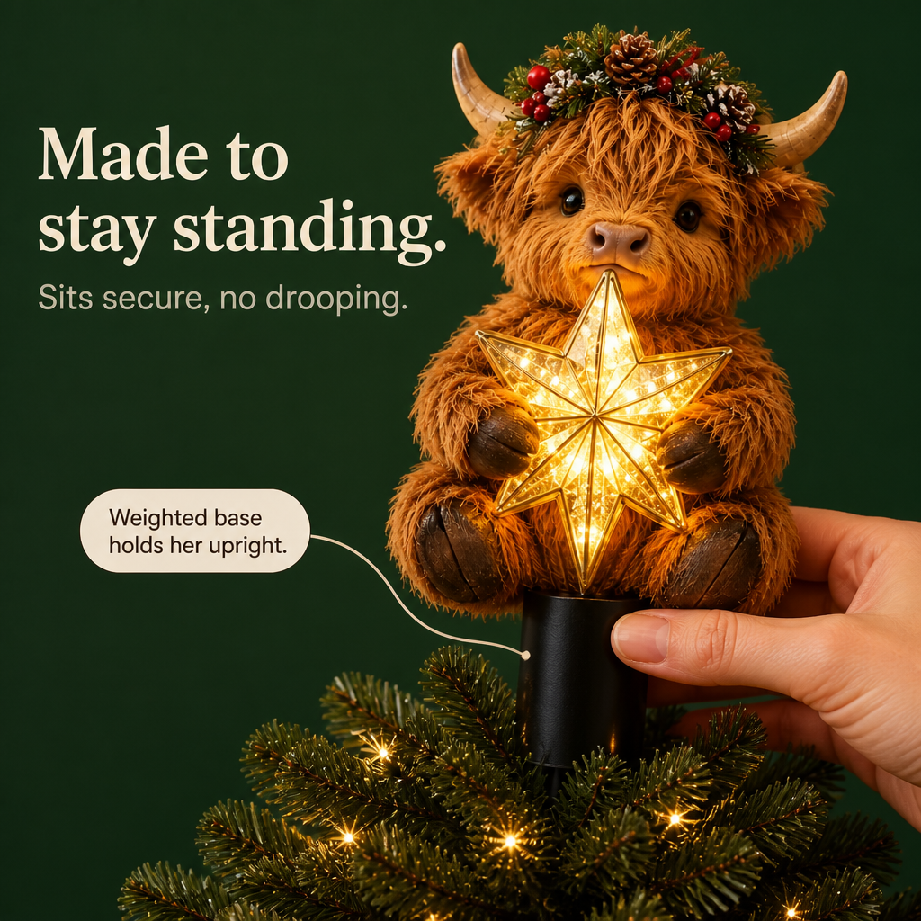 Highlow – Świecący Gwiazda Highland Cow På Szczyt Choinki