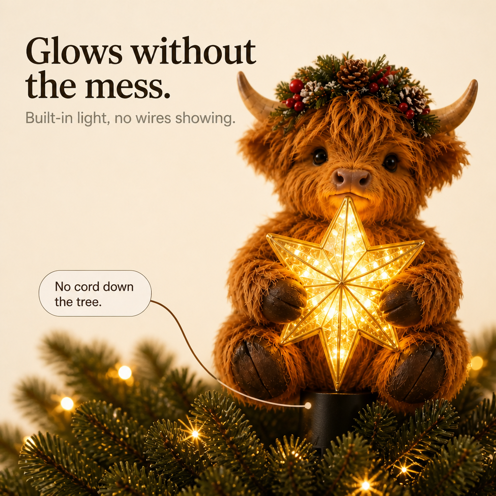 Highlow – Świecący Gwiazda Highland Cow På Szczyt Choinki