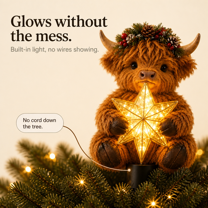Highlow – Świecący Gwiazda Highland Cow På Szczyt Choinki
