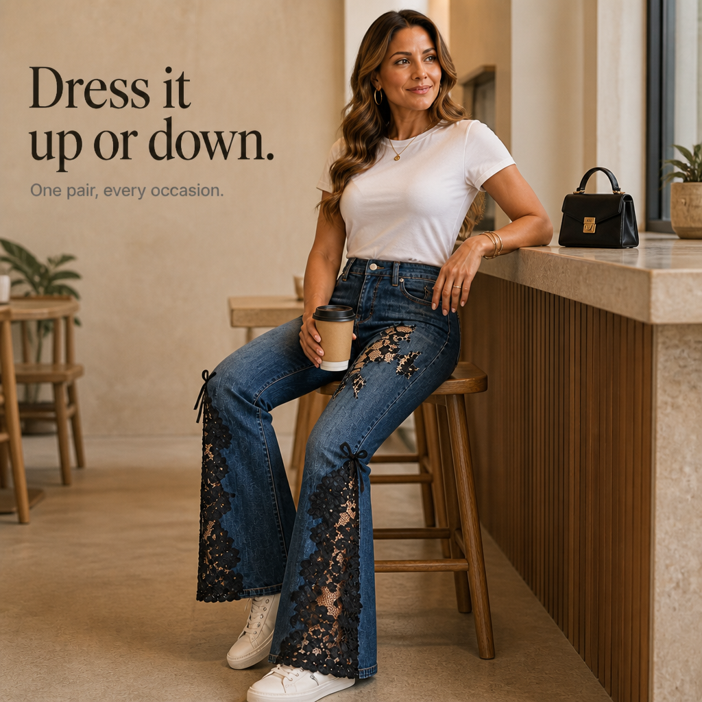 Laceflare – Czarne jeans z koronkowymi wstawkami
