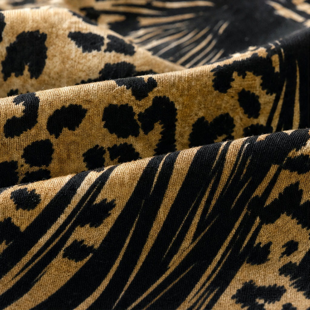 Marabella – Klänning A-line w färgze blokowym z leopardzim nadrukiem