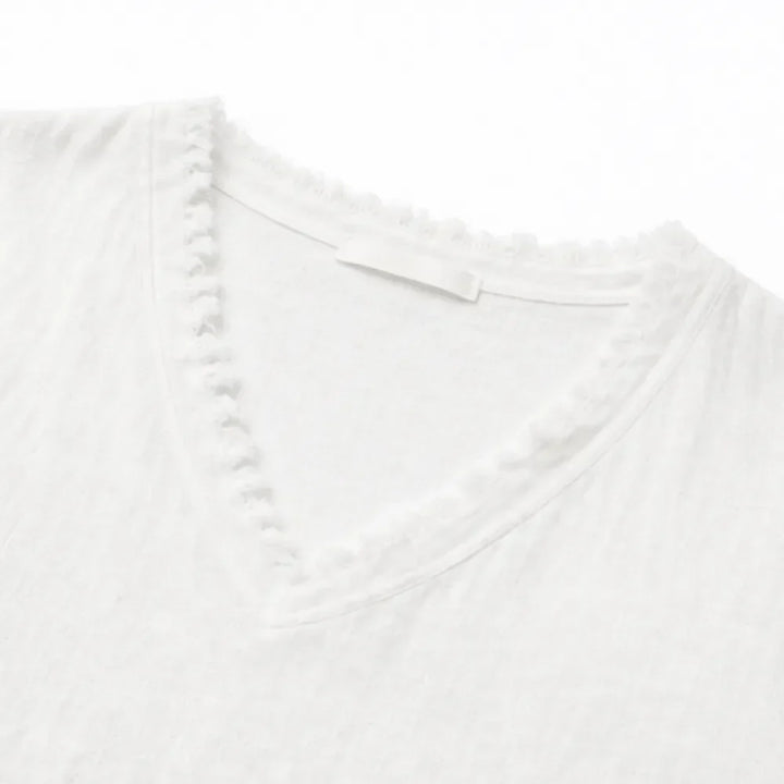 Lorelei – Boho T-shirt z frędzlami w dekolcie V för kvinnor, lös passform maskujący mage