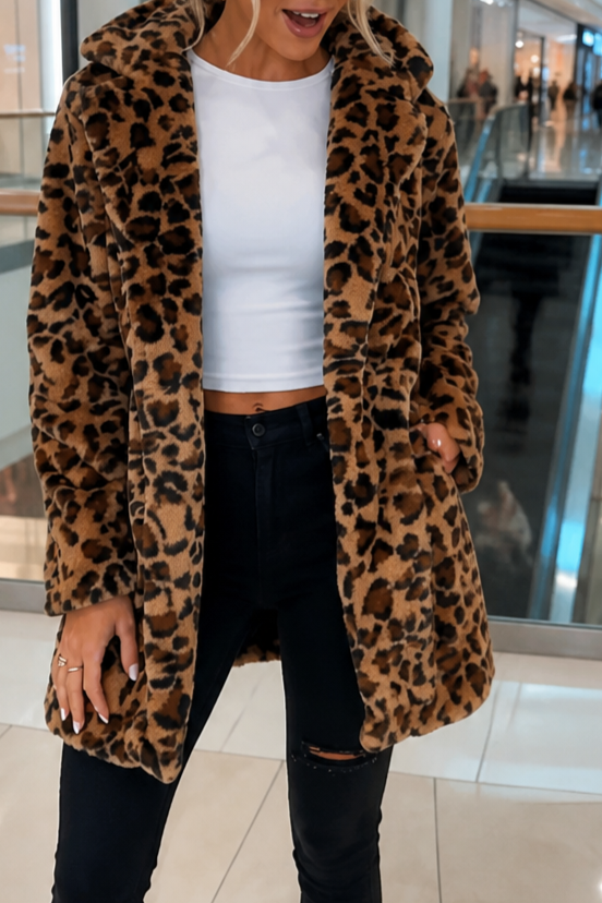 Leora – Lång kappa z futra sztucznego w mönster panterki