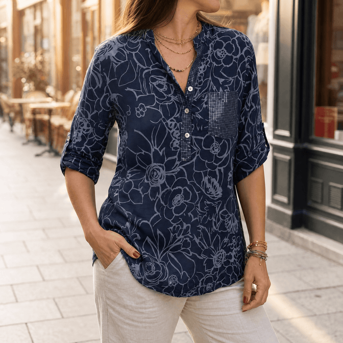 Florenne – Blommig Blus z Ficka i Cekinami för kvinnor