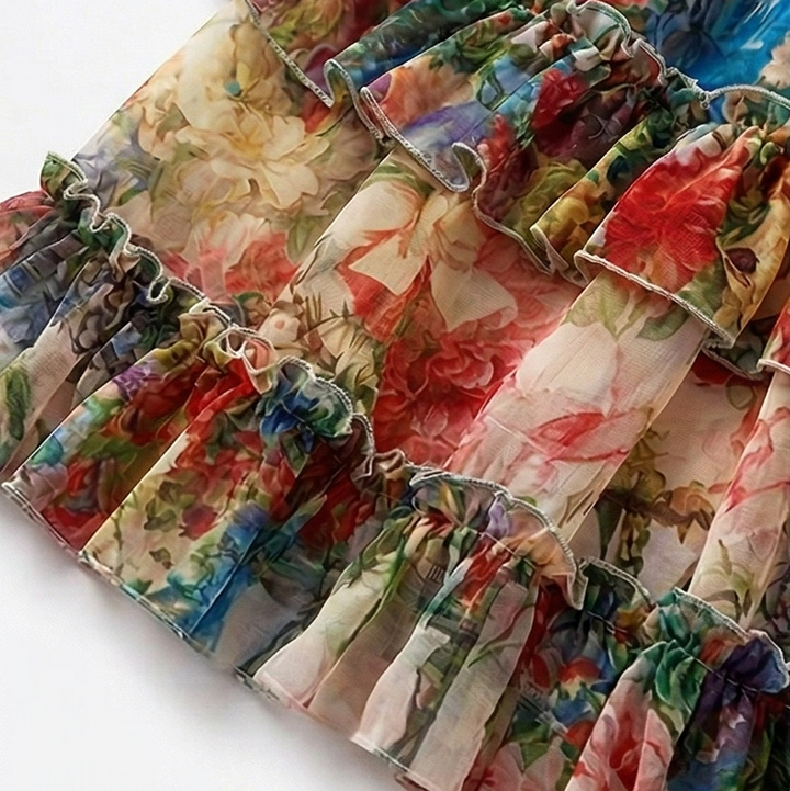 Floressa – Dam klänning maxi w kwiaty z falbanami i ręKaffemi lampionowymi