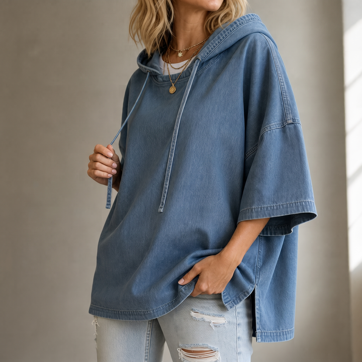 Wearbella – OverStorlekd, Prany Denimowy Pulower z Kapturem