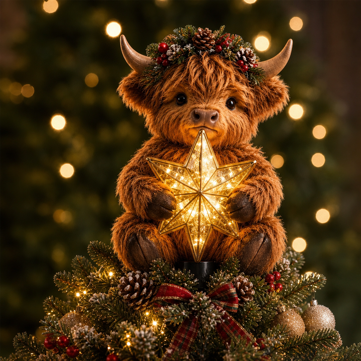Highlow – Świecący Gwiazda Highland Cow På Szczyt Choinki