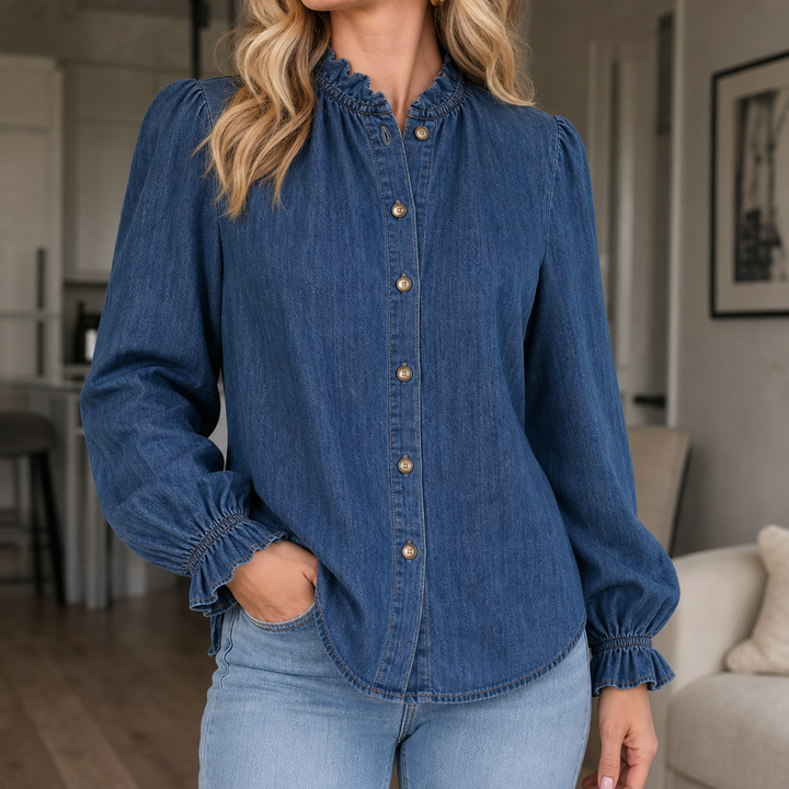 Wearbella – Blus z falbanami i stójką, wyglądająca hur dżins