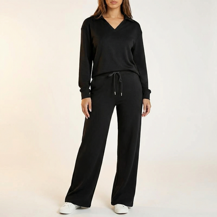 Velaire – Blus z urringning w v-ringning i breda byxor