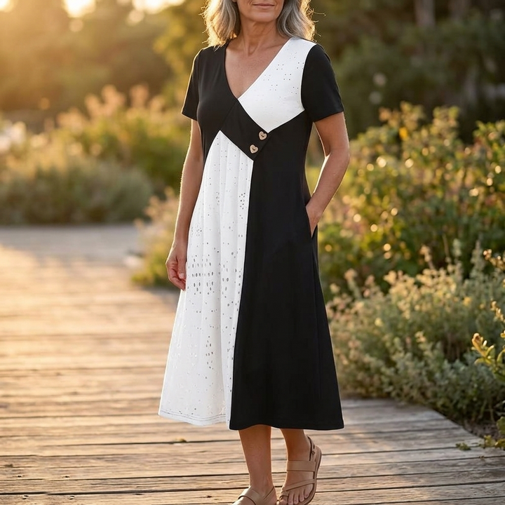Vivara - Midi Klänning V-Neck w Diagonalnym Patchworku