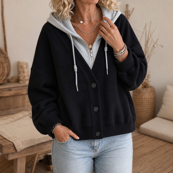 Layerelle – Färgowy Blokowany Hoodie z Faux-Warstwą i Urringning w V-ringning
