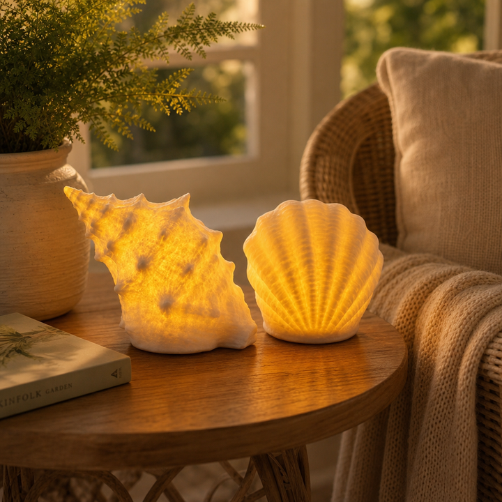 Coastal Glow Vad. – Set ceramicznych lamp i form av muszli i konchy