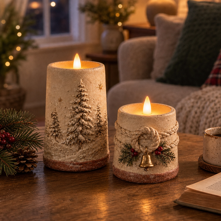 Hearthglow – För hand malowana rustykalna świeca LED i form av słupa (Set 2 sztuk)