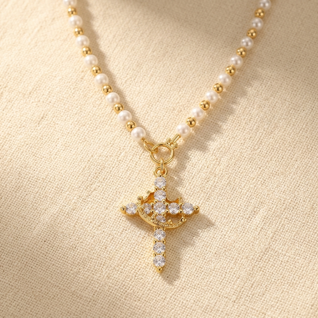 Crownara – Halsband z perłowymi koralikami i koronowanym kors