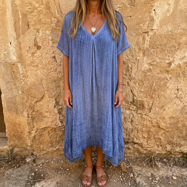 Linara – Klänning V-Neck z Bawełny i Lnu för kvinnor