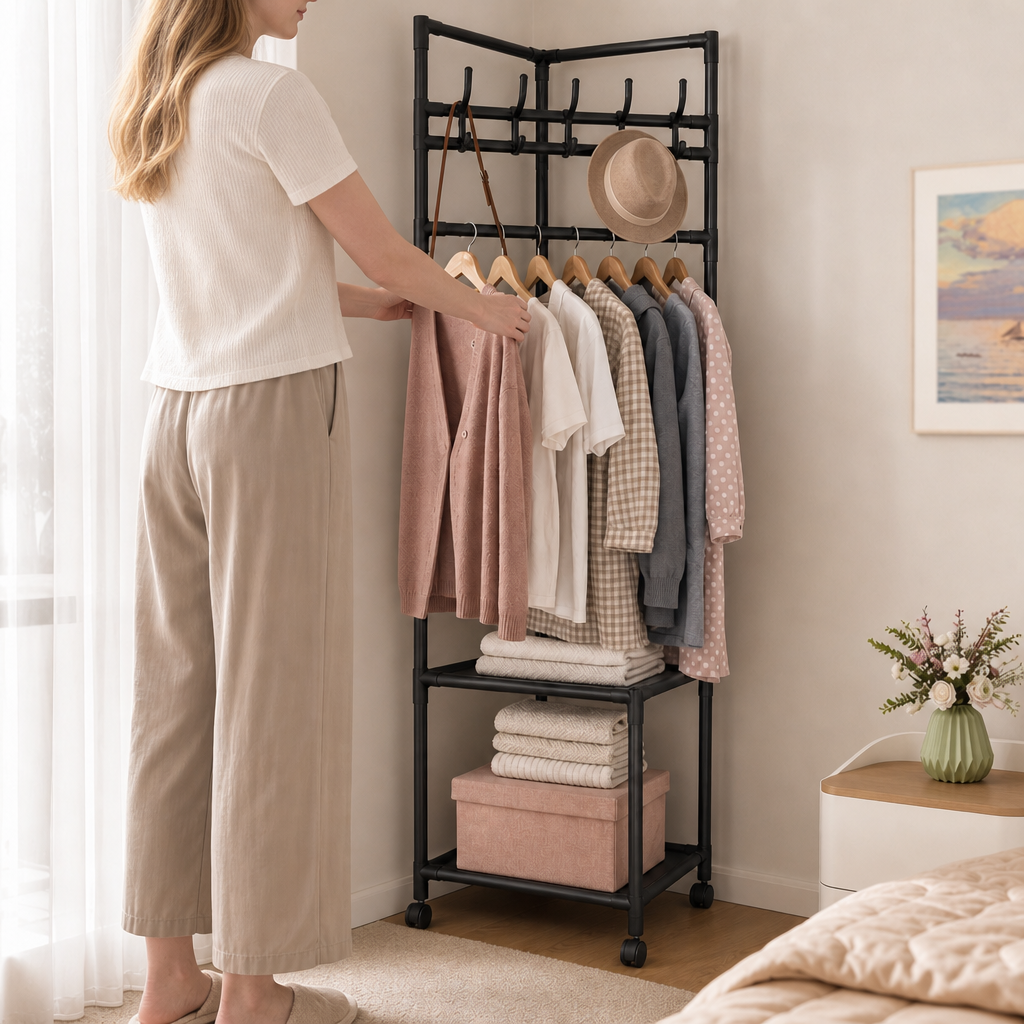 Nookstand – Ställ på ubrania oszczędzający plats z półką i hakami