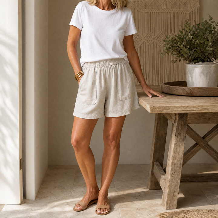 Linora – Luźne lniane shorts bermudy för kvinnor z kieszeniami