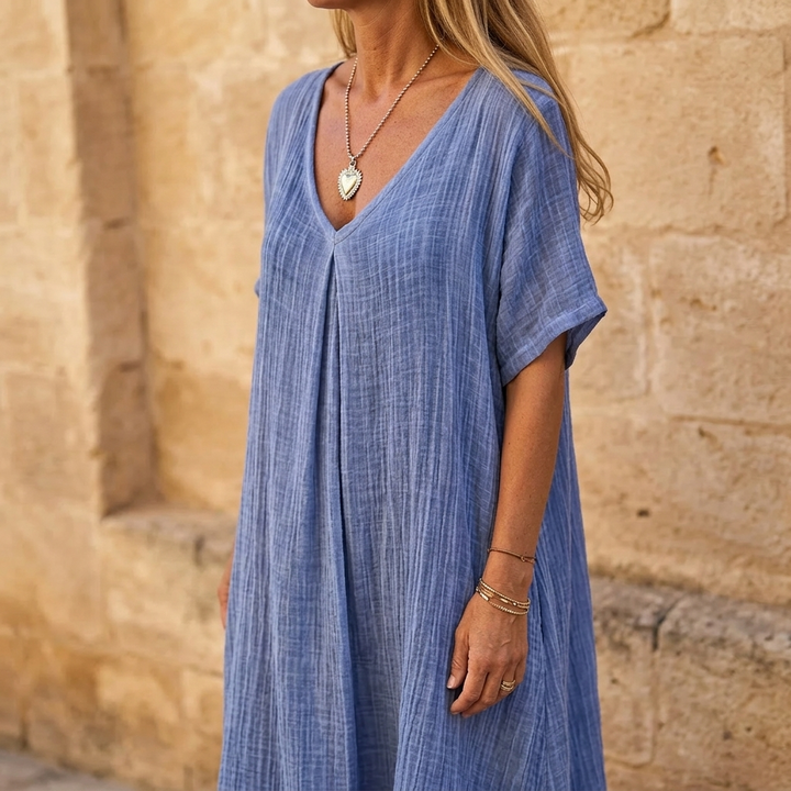 Linara – Klänning V-Neck z Bawełny i Lnu för kvinnor