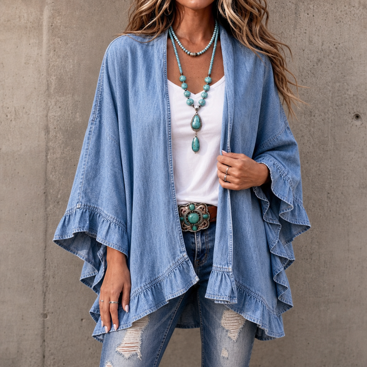 Ruffledenim – Kofta z finish falbaną w stilu dżinsowym, otwarty framtill