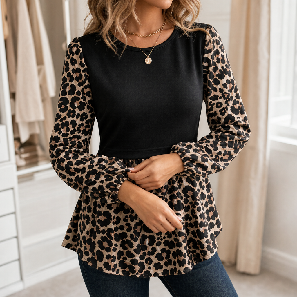Wearleta – Blus z falbanami w stilu peplum z kontrastowymi ręKaffemi w leopardzie