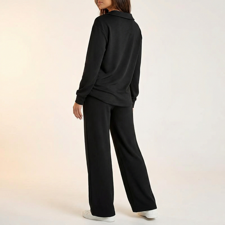 Velaire – Blus z urringning w v-ringning i breda byxor
