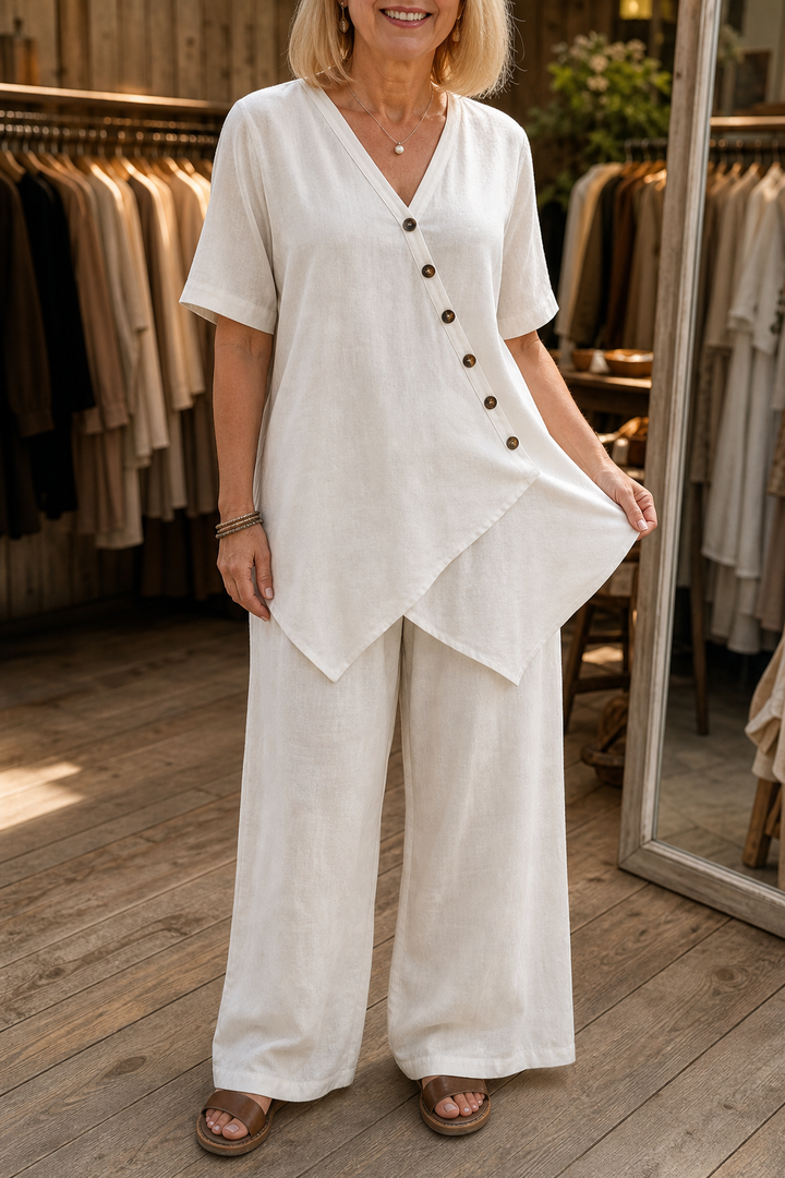 Wearbella – Set z Lnianą Bluzką i Spodniami o Szerokich Nogawkach