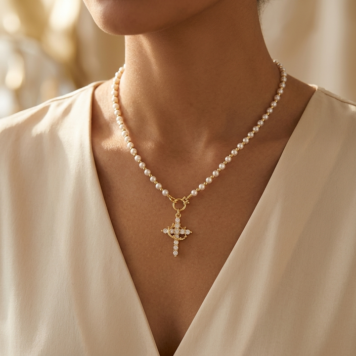 Crownara – Halsband z perłowymi koralikami i koronowanym kors