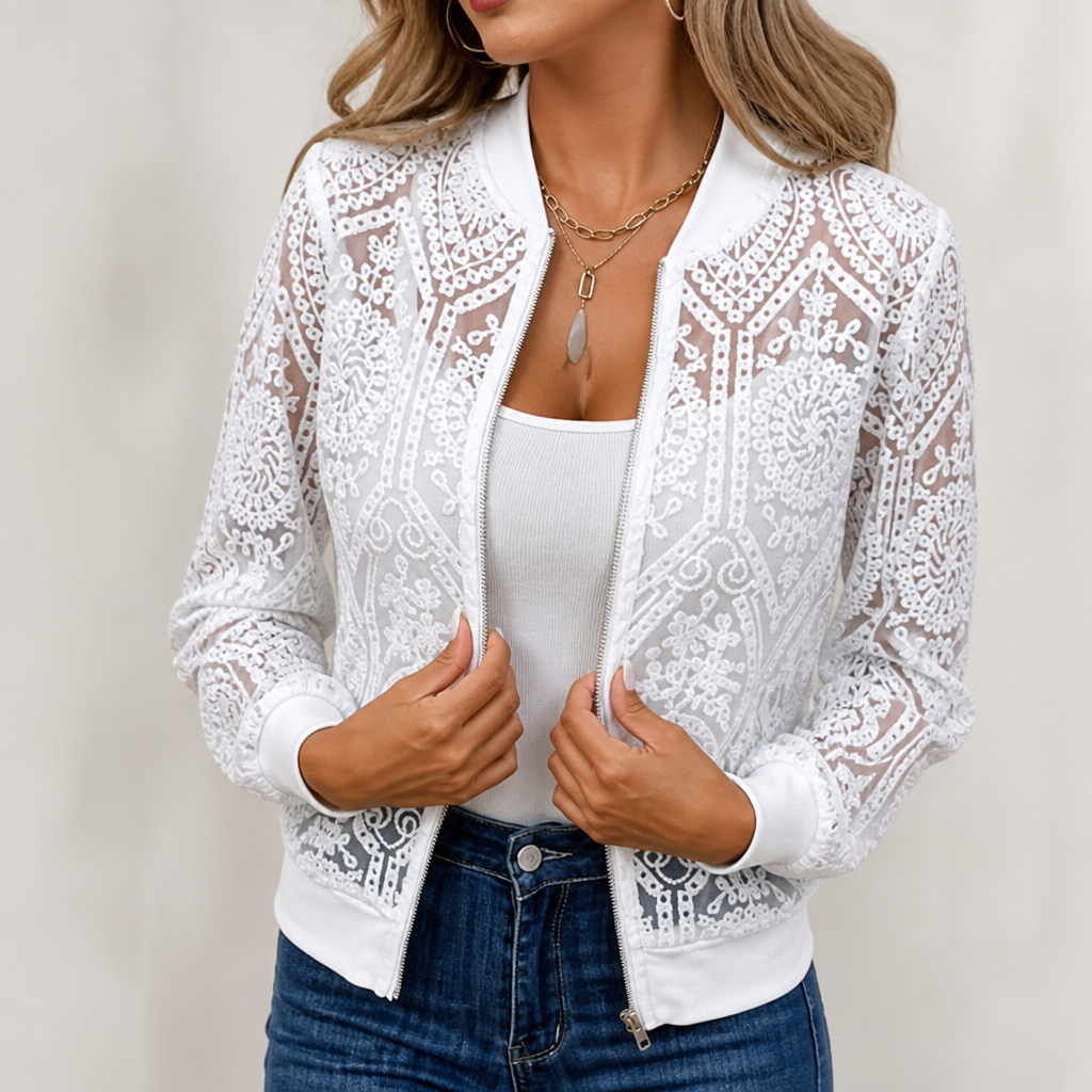 Laceleigh – Transparent bomberka z spets w kwiaty