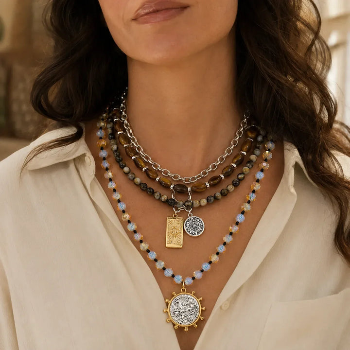 Solenya – Wiktoriańska Boho Halsband Warstwowy z Wisiorami Tarota, Kompasu i Monety