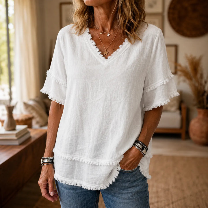 Lorelei – Boho T-shirt z frędzlami w dekolcie V för kvinnor, lös passform maskujący mage