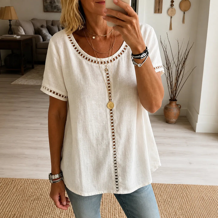 Marellia – Boho Tunika z Otworami för kvinnor, Lös Passform, Kort Ärm, Sommar Blus