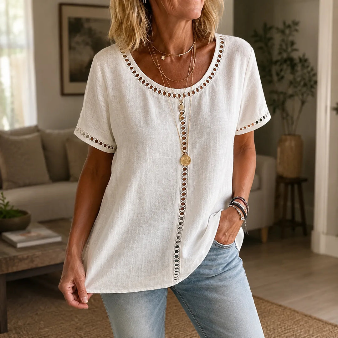 Marellia – Boho Tunika z Otworami för kvinnor, Lös Passform, Kort Ärm, Sommar Blus