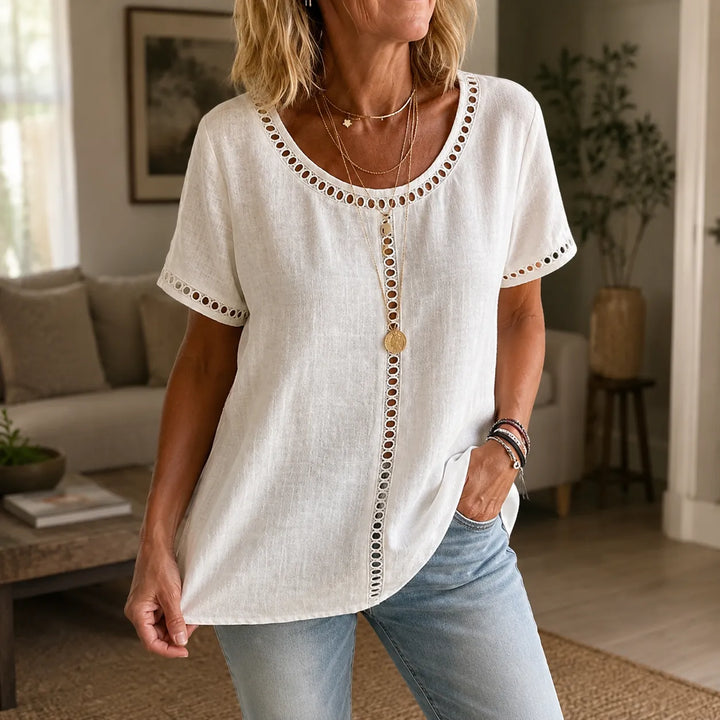 Marellia – Boho Tunika z Otworami för kvinnor, Lös Passform, Kort Ärm, Sommar Blus