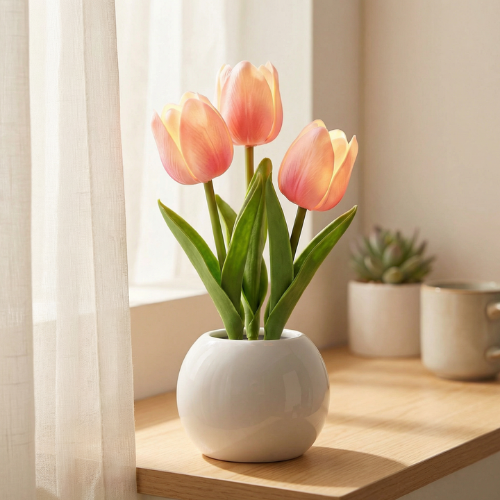 Bloomora – Lampa LED i form av tulipana z ceramiczną wazonem