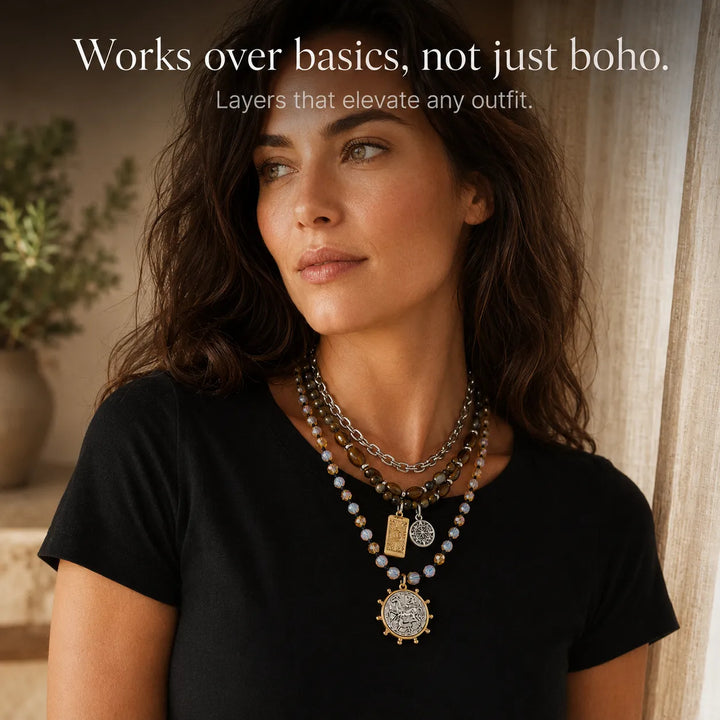 Solenya – Wiktoriańska Boho Halsband Warstwowy z Wisiorami Tarota, Kompasu i Monety