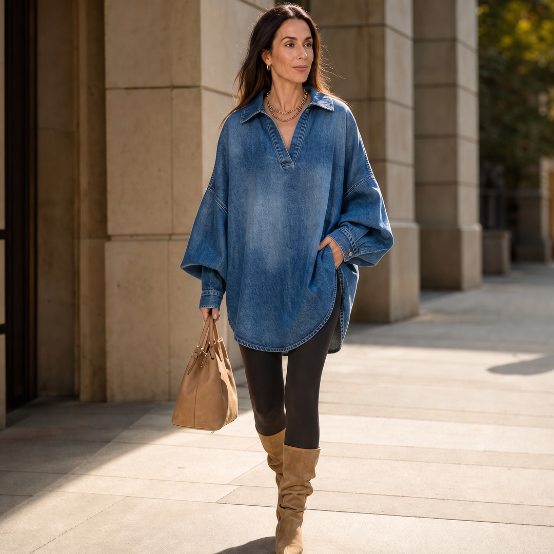 Denimelle – Tunika z denimu z mjuk praniem i ręKaffemi typu batwing