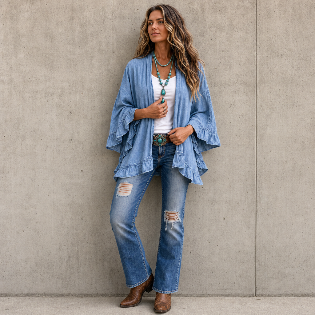 Ruffledenim – Kofta z finish falbaną w stilu dżinsowym, otwarty framtill