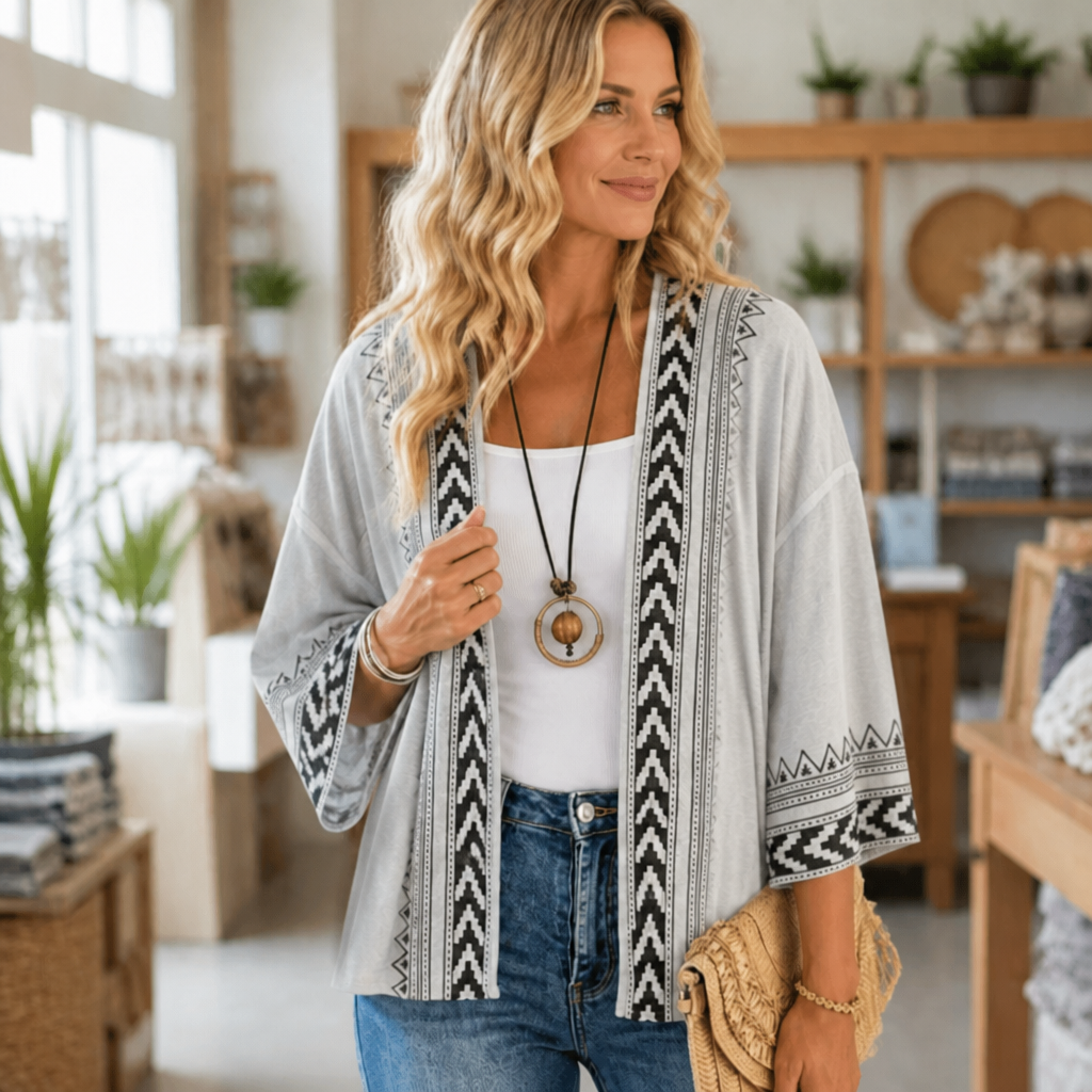 Wearbella – Kofta z otwartym przodem w retro geometryczny mönster