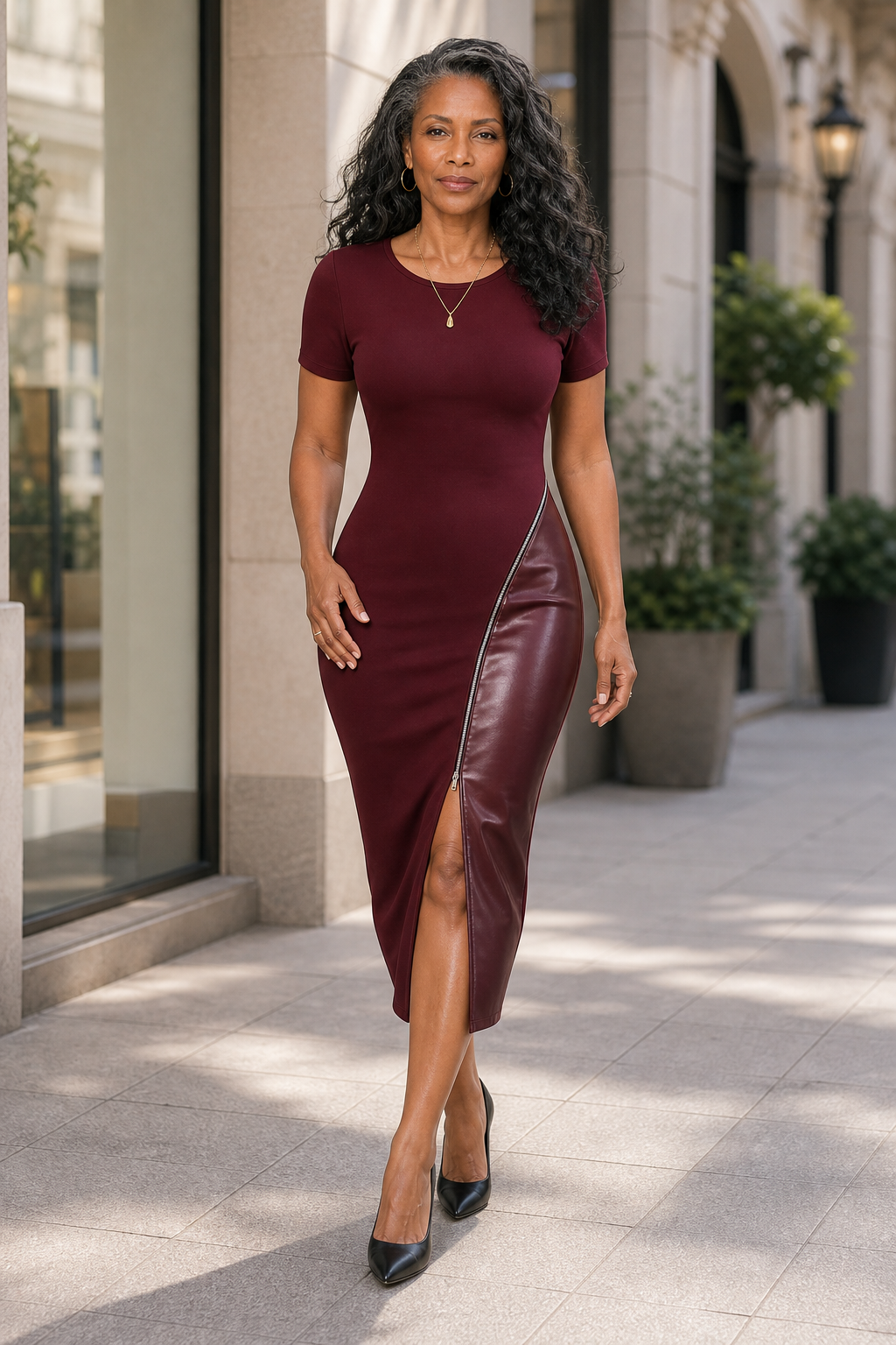 Sixpm – Klänning bodycon z diagonalnym dragkedja i panelami z PU