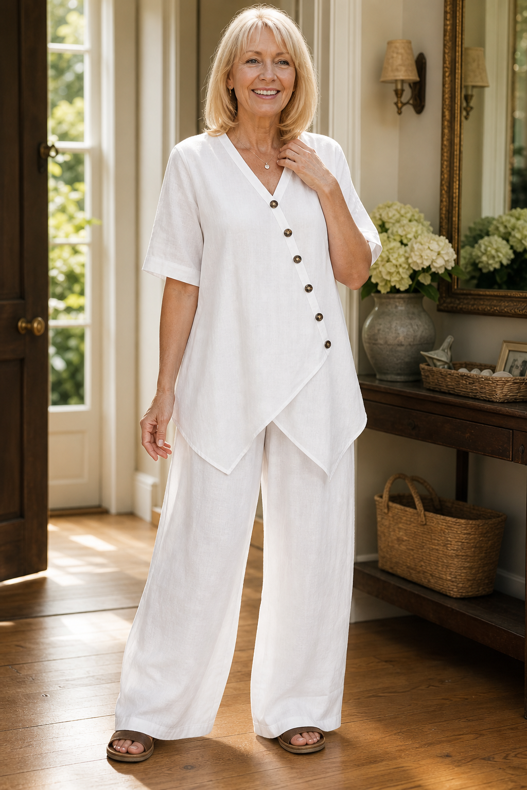 Wearbella – Set z Lnianą Bluzką i Spodniami o Szerokich Nogawkach