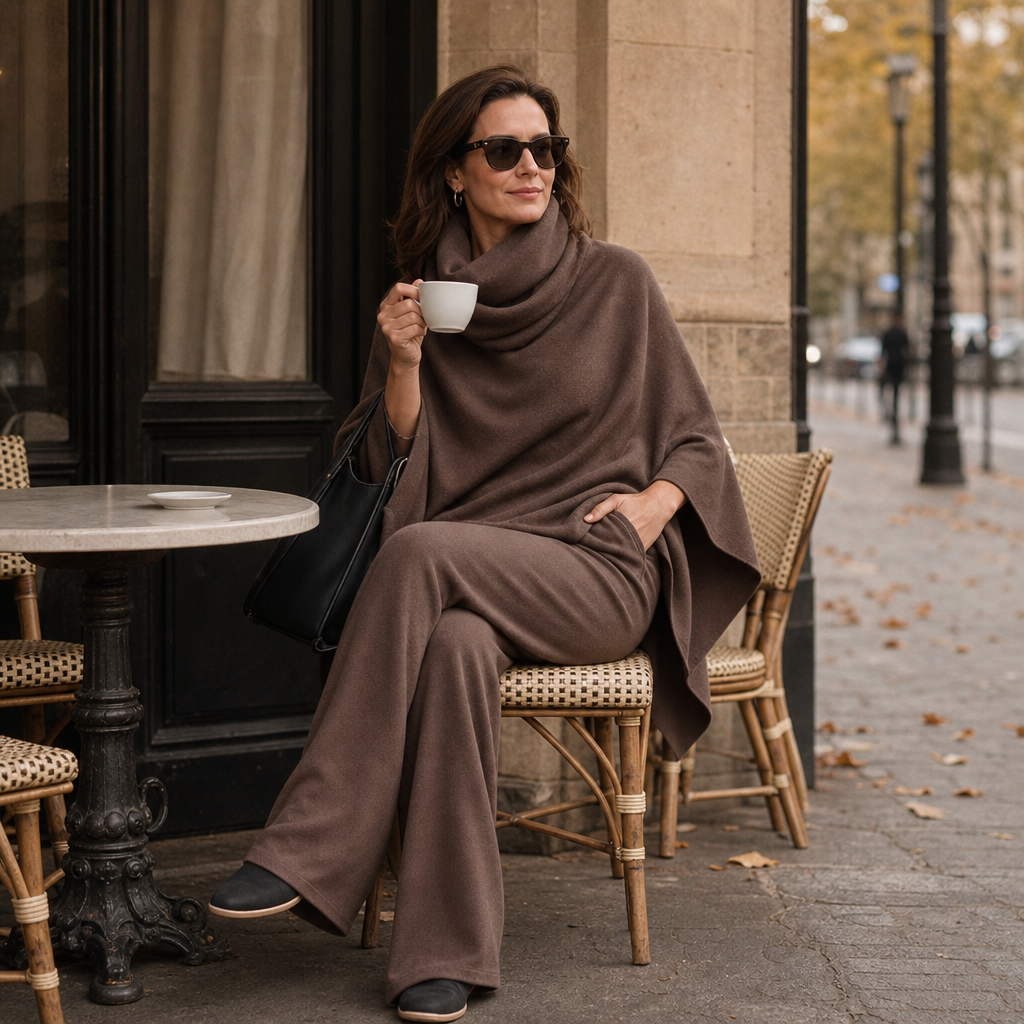 Draperie – Blus z kapturem i breda spodniami