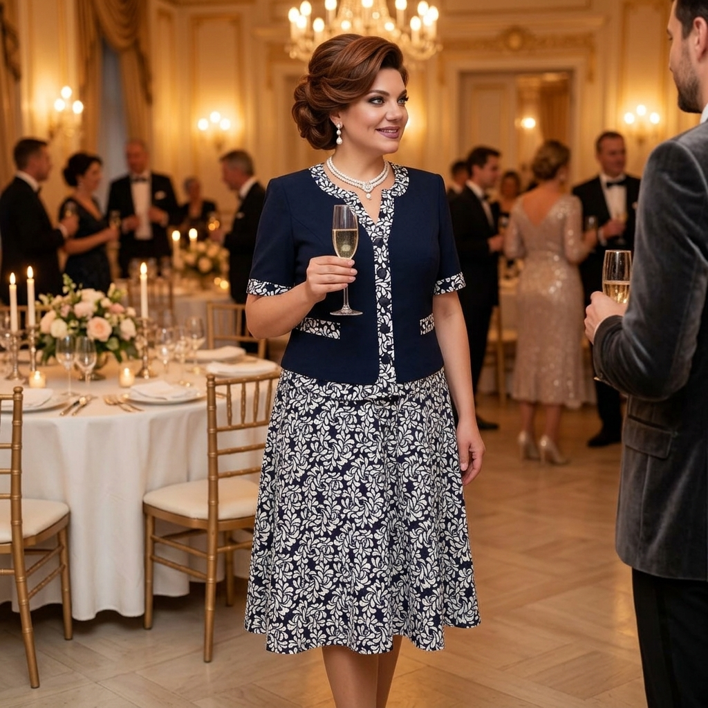 Maelyn – Elegant granatowa klänning w kwiaty z wbudowaną kurtką för kvinnor