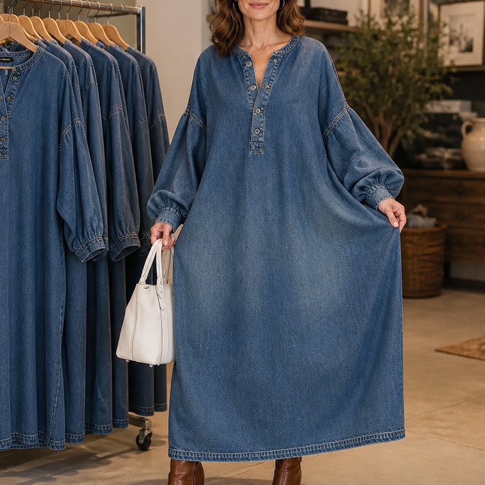 Denara – Klänning maxi z denimu z lanternowymi ręKaffemi i półguzikami