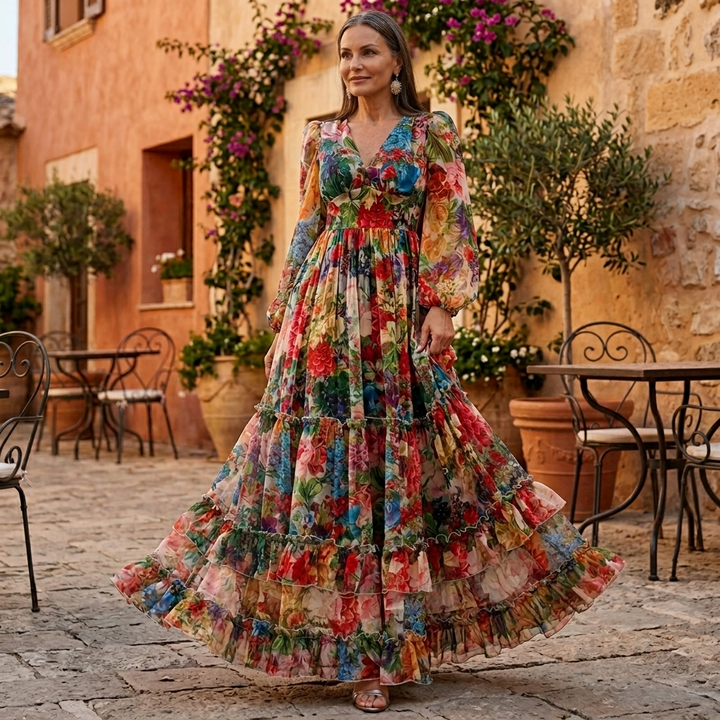 Floressa – Dam klänning maxi w kwiaty z falbanami i ręKaffemi lampionowymi
